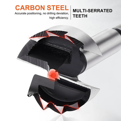Close-up of Heavy Duty Carbon Steel Forstner Drill Bit Set 15 32 Inch showing multi-serrated teeth for clean wood drilling.