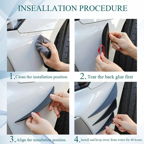 Universal Car Spoiler Canards Kit Front Bumper Lip Splitter installation steps with adhesive on white car