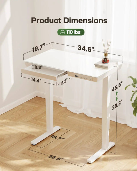 Heavy Duty Glass Electric Standing Desk With Effortless Height Control For Compact Home Office Setup 35 X 20 Inch dimensions and measurements.