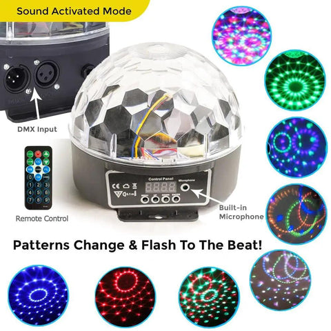 LED Disco Ball Party Light with DMX Control and Sound Activated RGB LEDs for DJs and Clubs Durable Plastic Construction Multicolor Light Show showcasing vibrant patterns and remote control