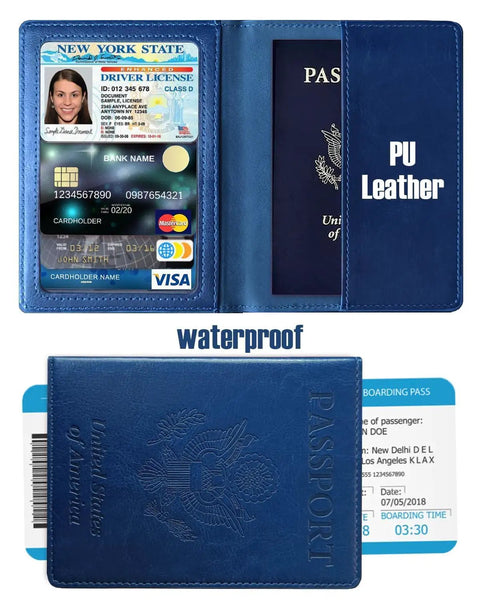 Open RFID Blocking Passport Wallet With Card Slots And Document Organizer Must Have Travel Essential For Men And Women Navy Blue Passport Holder For Airports And Cruises Durable PU Leather