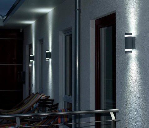 Dusk To Dawn Outdoor Porch Light With Sensor, Aluminum Waterproof Wall Sconce, Up And Down Exterior Lamp illuminating a balcony