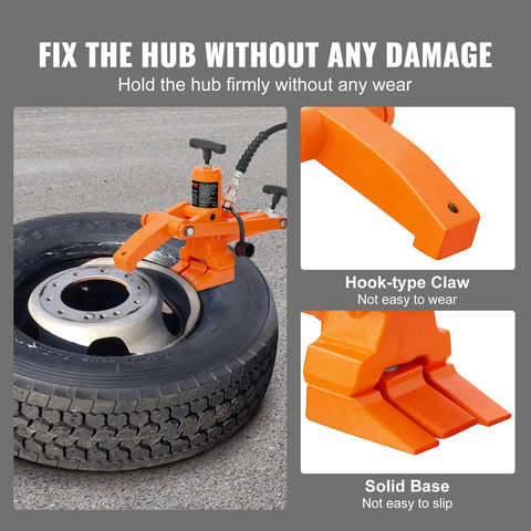 Hydraulic Bead Breaker With 10000 PSI Power And Metal Foot Pump showing hook-type claw and solid base on tire
