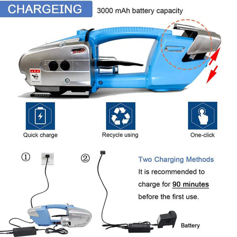 Heavy Duty Electric Welding Strapping Tool With Rechargeable Battery For 13 To 16 Mm Pp Pet Straps Hot Melting showing charging methods and battery.
