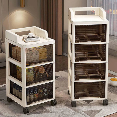Multitasking Rolling Storage Cart With Sturdy Plastic Drawers And Smooth Gliding Swivel Wheels in cream color with three drawers.