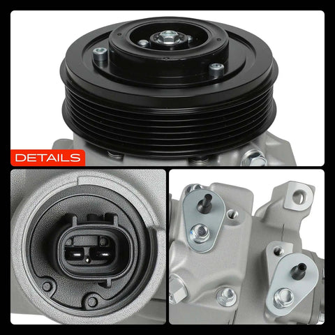 Direct Swap Air Conditioning Compressor With Clutch Assembly For Toyota Corolla And Scion xD top view showing mounting bracket and electrical connector.