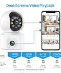 6Mp Dual Lens Wifi Ip Camera With Built In Screen Features AI Human Detection shows dual screen video playback setup.