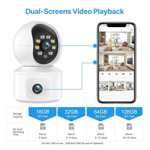 6Mp Dual Lens Wifi Ip Camera With Built In Screen Features AI Human Detection shows dual screen video playback setup.