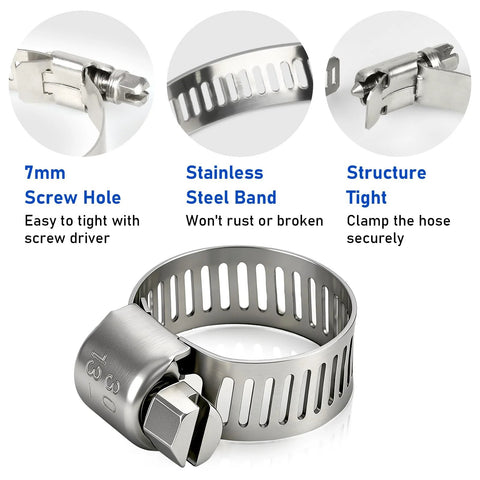 Front view: hose clamp, 3/4 inch, stainless steel worm-gear, 10-pack; adjustable band.