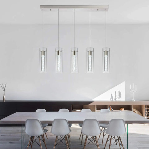 Modern Five Light LED Pendant Ceiling Fixture with Brushed Nickel Bubble Cylinder over dining table, sleek design