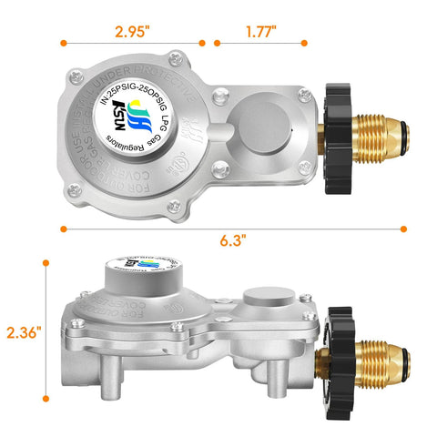 Front and side views of JEASOM two-stage propane regulator with 3/8 in NPT and POL, silver metal body.