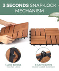 Teak Deck Tiles Interlocking Outdoor Patio Tiles Pack Of Nine, hardwood wood tiles with snap-lock mechanism, hands showing assembly.