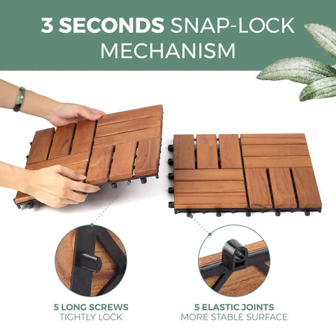 Teak Deck Tiles Interlocking Outdoor Patio Tiles Pack Of Nine, hardwood wood tiles with snap-lock mechanism, hands showing assembly.