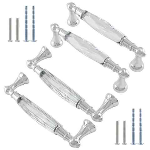 Crystal Cabinet Pulls Four Pack 4.5 Inch Overall Length With 3.75 Inch Hole Spacing Diameter 0.7 Inch Chrome Silver Glass Bar Drawer Pulls
