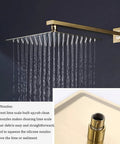 Slick Wall Mounted Rain Shower System Featuring Water Powered Led Digital Display and Easy Grip Single Lever Controls Includes Heavy Duty Eight Inch Brushed Gold Rainhead showing water cascading from nozzles.