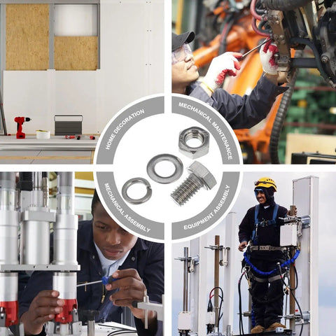 Collage of industrial assembly using 40 Pieces M6x10mm Stainless Steel Hex Bolts And Nuts Kit, images showing various mechanical and equipment uses.