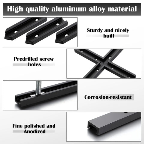 Pro Grade Four 48 Inch T Track System With Intersection Kit For Woodworking showing aluminum rails with predrilled holes