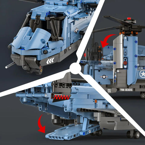 Close-up details of V22 Osprey Military Helicopter Building Blocks Set With 1486 Pieces For Adults And Kids Ages 8 10 12 14