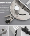 Rock Solid 450mm Table Saw Miter Gauge With Extended Fence Precision Repeat Cut Stop Anti Wobble Design Left Right 60 Degree Bevel showing ergonomic design features.