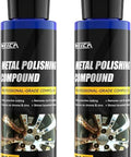 Two bottles of Metal Polish Compound For Cars And All Metals with rusted wheel image on label, 100g each, black cap.