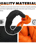 Beefed-Up Two Pack Half Inch By 22 Inch Soft Shackles For Recovery With 37500 Lbs Breaking Strength, Heavy Duty Tow Shackles For Cars, SUVs, Trucks, Off Road, ATV And UTV Recovery Gear. Black polyethylene soft shackle close-up