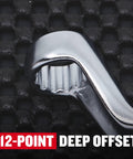 Close-up of Offset Box End Wrench Set SAE 5 Piece With 45 Degree Angled Ends, showing a 12-point deep offset chrome finish detail.