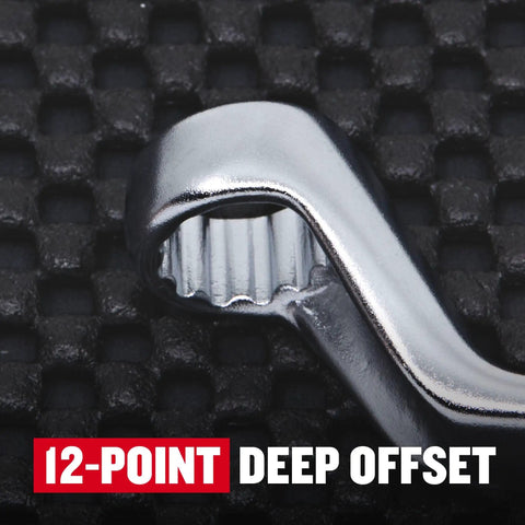 Close-up of Offset Box End Wrench Set SAE 5 Piece With 45 Degree Angled Ends, showing a 12-point deep offset chrome finish detail.