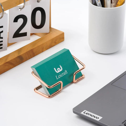 Metal Desk Card Holder For Office And Home, Large Capacity Card Organizer With Durable Gold Finish on desk with laptop
