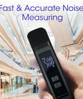 Digital Decibel Meter With LCD Display And Max Data Hold Battery Indicator Pocket SPL Sound Level Meter For Home Office And Noisy Neighbors 30 To 130 DBA Rechargeable in hand at mall