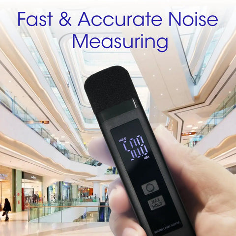 Digital Decibel Meter With LCD Display And Max Data Hold Battery Indicator Pocket SPL Sound Level Meter For Home Office And Noisy Neighbors 30 To 130 DBA Rechargeable in hand at mall