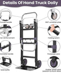 Details of Straight Up Heavy Duty 3 In 1 Convertible Hand Truck Dolly Cart showing features like curved handle and 360° wheel.