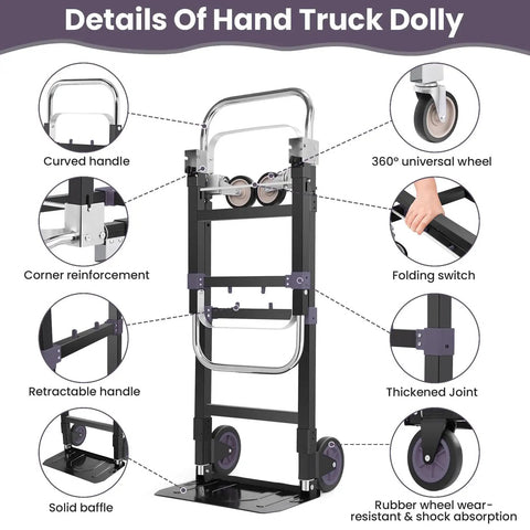 Details of Straight Up Heavy Duty 3 In 1 Convertible Hand Truck Dolly Cart showing features like curved handle and 360° wheel.