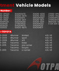 Chart showing fitment for Beefed Up 12V 130Amp Alternator For Toyota Tacoma and 4Runner models with OE numbers and engine types.