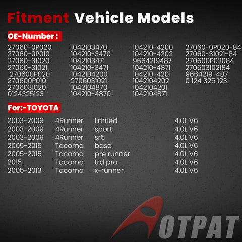 Chart showing fitment for Beefed Up 12V 130Amp Alternator For Toyota Tacoma and 4Runner models with OE numbers and engine types.