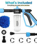 All In One Foam Cannon Car Wash Kit With Garden Hose Gun, Thick Foam Gun, Microfiber Wash Mitt, High Pressure Nozzle, Blue