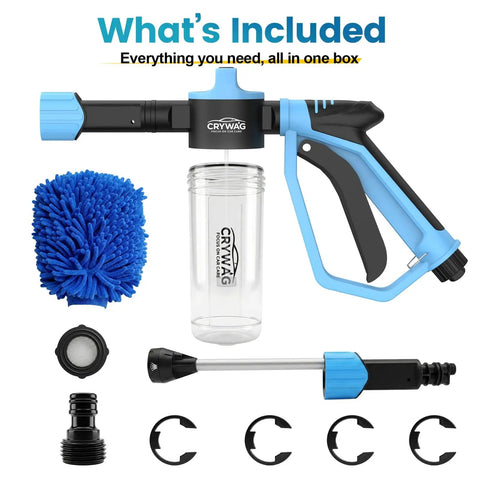 All In One Foam Cannon Car Wash Kit With Garden Hose Gun, Thick Foam Gun, Microfiber Wash Mitt, High Pressure Nozzle, Blue
