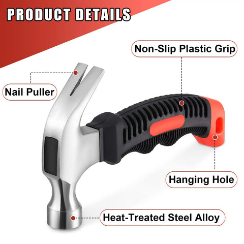 8 Piece Small Hammer Set 8 Oz Mini Claw Hammers For Kids And Adults, Lightweight DIY Hammer Kit Showing Non-Slip Grip and Nail Puller