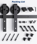 Packing list of Beefy Sliding Barn Door Hardware Kit 5ft Rail System For Quiet Smooth Glide with all components shown.