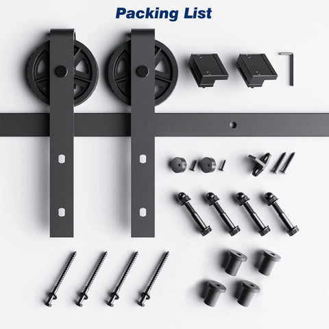 Packing list of Beefy Sliding Barn Door Hardware Kit 5ft Rail System For Quiet Smooth Glide with all components shown.