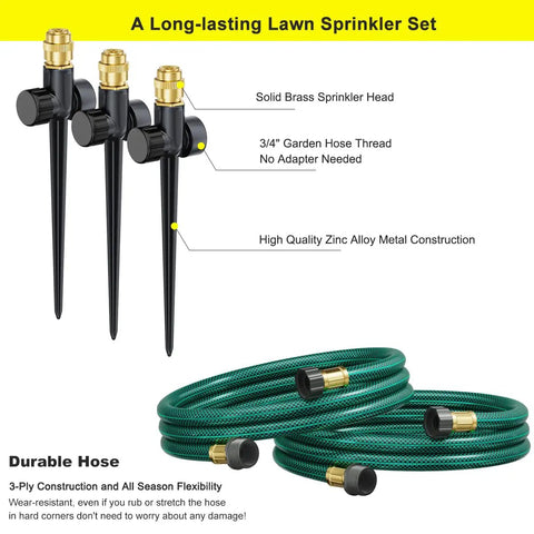 Above Ground Garden Sprinkler System With Metal Adjustable Heads and Durable Green Hoses for Lawn and Patio Irrigation Kit