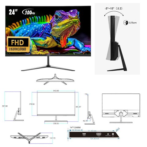 24 Inch Curved Computer Monitor With 100Hz FHD 1920x1080, 2800R Immersive Display, 120% sRGB, FreeSync, Frameless Three Sides, VESA Mount, HDMI And VGA Ports, Blue Light Filter, Perfect For Home Office And Dorm