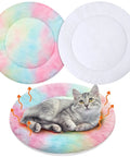 Self Heating Cat Bed 2 Pack Machine Washable Pet Mat Reversible Thermal Warm Round Dog Crate Pad Tie Dye with cat resting