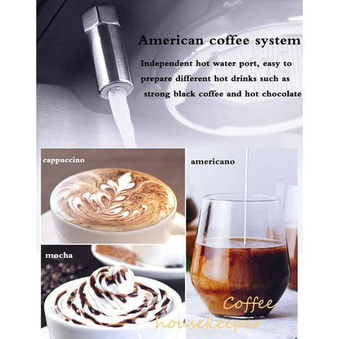 Independent hot water outlet of espresso maker with cappuccino, mocha, and americano coffee examples, text overlay about coffee system