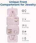Travel Toiletry Bag With Jewelry Organizer Hanging Cosmetic Case showing compartments for 4 bracelets, 3 necklaces, 8 earrings.