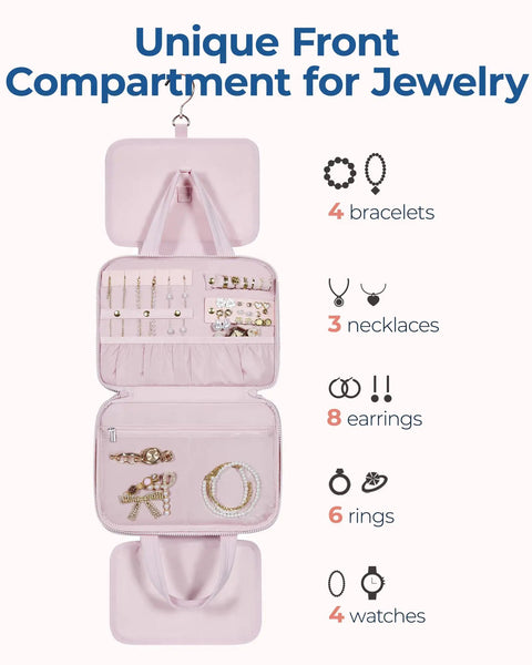 Travel Toiletry Bag With Jewelry Organizer Hanging Cosmetic Case showing compartments for 4 bracelets, 3 necklaces, 8 earrings.