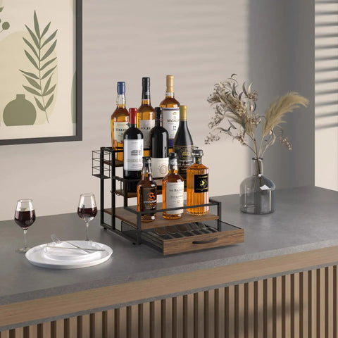 4-Tier Wooden Coffee Bar Organizer With Metal Frame And 36 K Cup Drawer For Countertop Storage holding bottles
