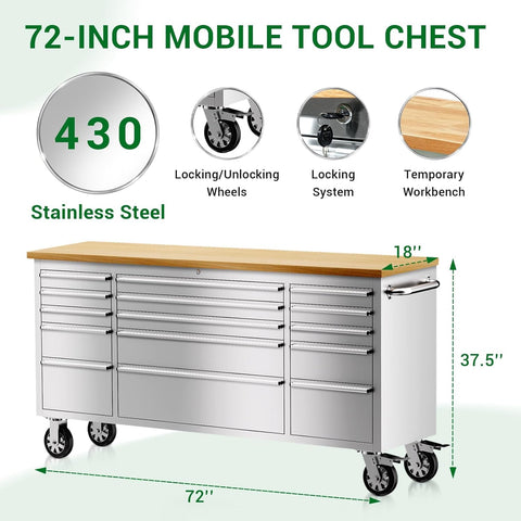 Front view of 72 Inch Rolling Tool Cabinet Chest With 15 Drawers And Lockable Storage On Wheels For Garage And Workshop Stainless Steel 2 Pack Heavy Duty Mobile Workbench.
