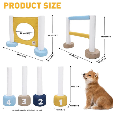 Indoor Dog Agility Training Kit 3 In 1 with jump ring, hurdle, pole fence, and puppy next to agility equipment sizes