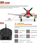 Front view of Beast 560mm Wingspan P51 Mustang RC Plane with remote control features displayed, showing 3D and 6G modes.