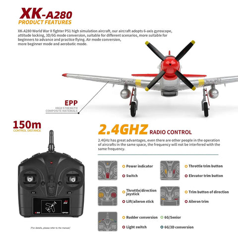 Front view of Beast 560mm Wingspan P51 Mustang RC Plane with remote control features displayed, showing 3D and 6G modes.